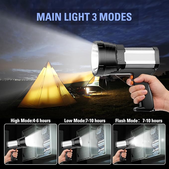 ERAY Rechargeable Spotlight, Super Bright High Lumen Handheld Long Lasting Large Flashlight Searchlight, IPX4 Waterproof Led Spot Light with USB Outport for Hunting Boating Camping Emergency