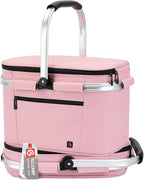 ALLCAMP Picnic Basket - Insulated Cooler, Thickening Foldable Picnic Basket with Removable Baskets & Sewn-in Frame, Basket for House Warming Gifts New Home(Pink)