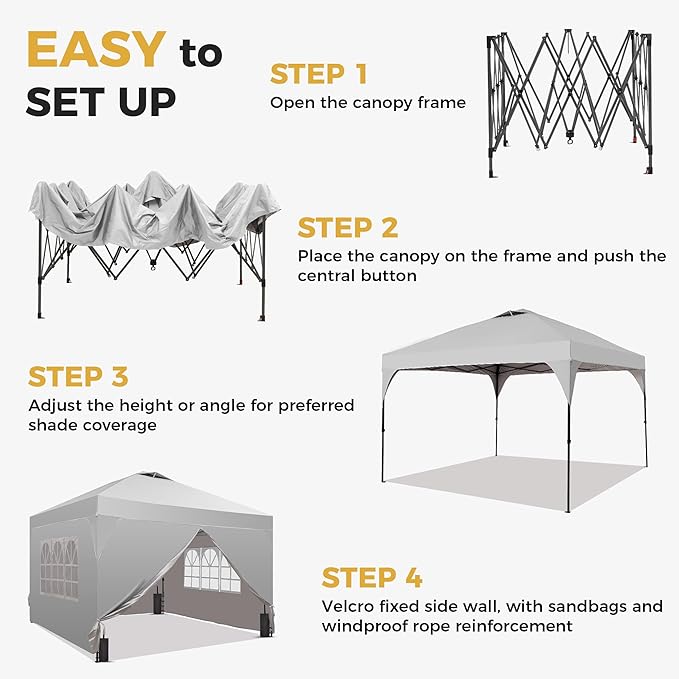 GDY 8x8FT Pop Up Canopy Tent with One Push Setup, Easy to Install with 4-Sidewalls for Events, Parties, Camping, Outdoor Gazebo with 4-Sandbags, White.