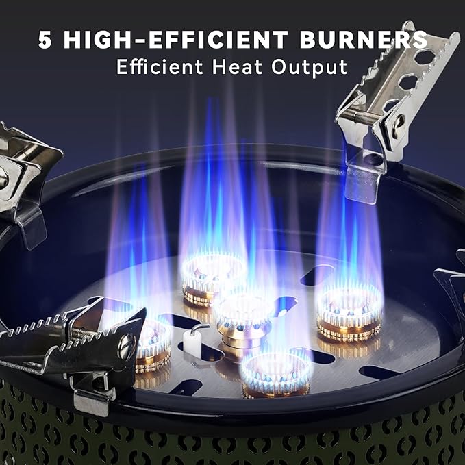 ONLYFIRE OUTDOOR LIVING Portable Camping Gas Stove with Storage Bag & Gas Adapters, 5 Burners Propane Stove for Outdoor Patio Cooking Picnic Camping Hiking Tailgating Emergency Use, Green GS344