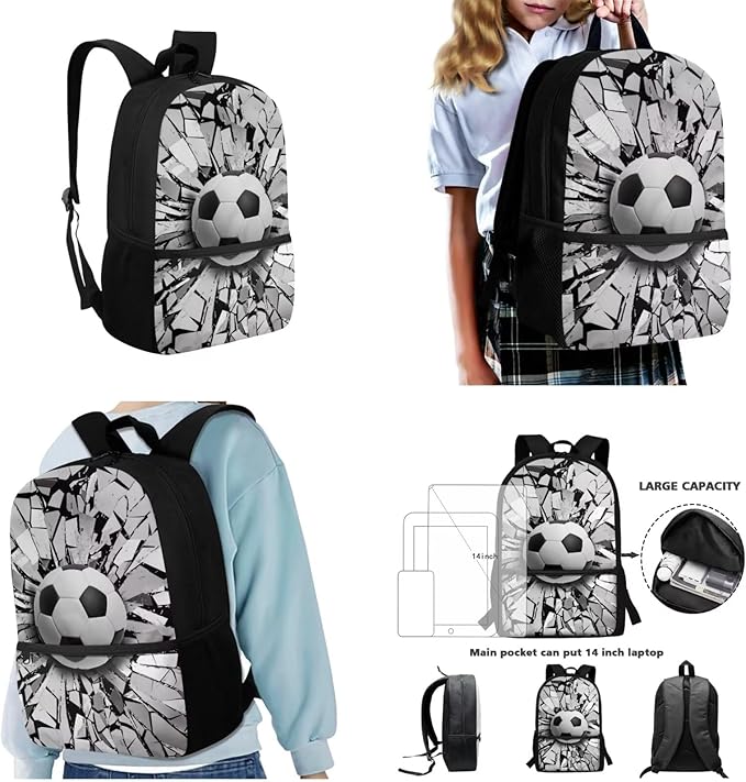 Football Design Book Bag with Portable Lunch Bag and Large Capacity Pencil Box, Lightweight Elementary Kindergarten Schoolbag for Kids Hiking Traveling Festival Gift