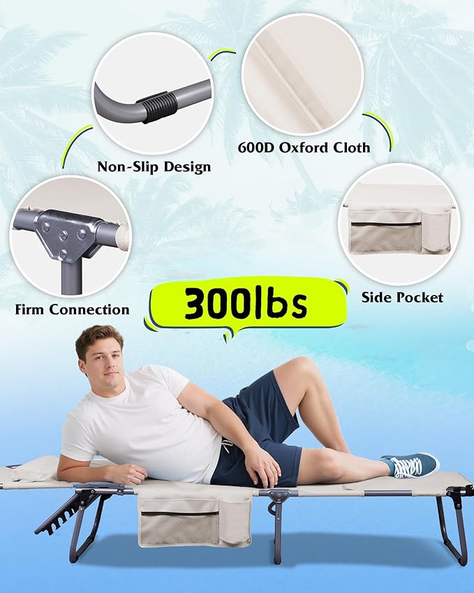 WLIVE Outdoor Tanning Chair, 5-Position Folding Beach Chair with Face Hole for Adults, Portable Patio Lounge Chair for Beach, Pool,Camping, Beige