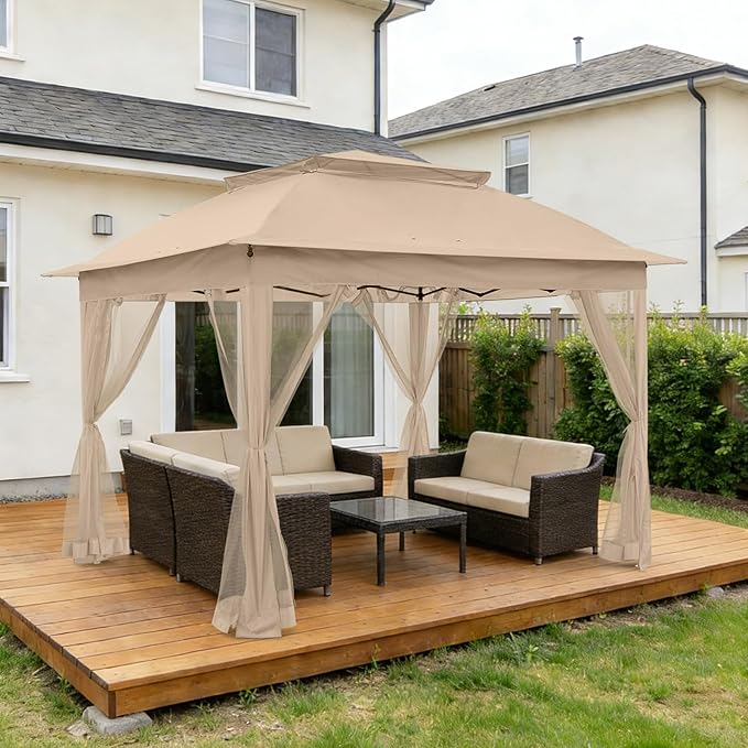 COOS BAY Pop up Gazebo 11x11, Instant Canopy Tent with Mesh Netting, Patio Gazebo with 121 Square Feet of Shade, 4 Weight Bags Included, Khaki