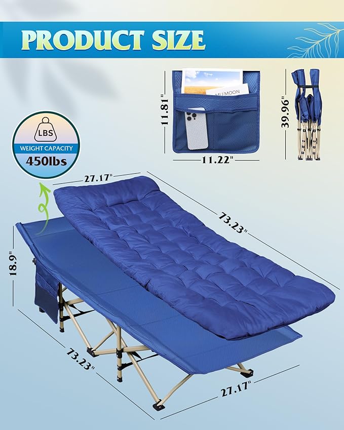 WLIVE 1200D Double Layer Oxford Camping Cots for Adults, Portable Camping Cot Bed with Mattress for Sleeping, Outdoor Folding Bed with Carry Bag for Resting, Camping, Dark Blue