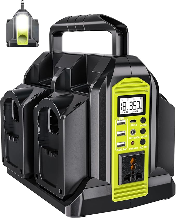Taingwei 350W Power Inverter for Ryobi 18V Battery, 4-Ports DC 18V to AC 110-120V Battery Inverter with 3 USB-A Port, 1 USB-C Port,300lm LED Light for Outdoors Camping Emergency(Tool Only)