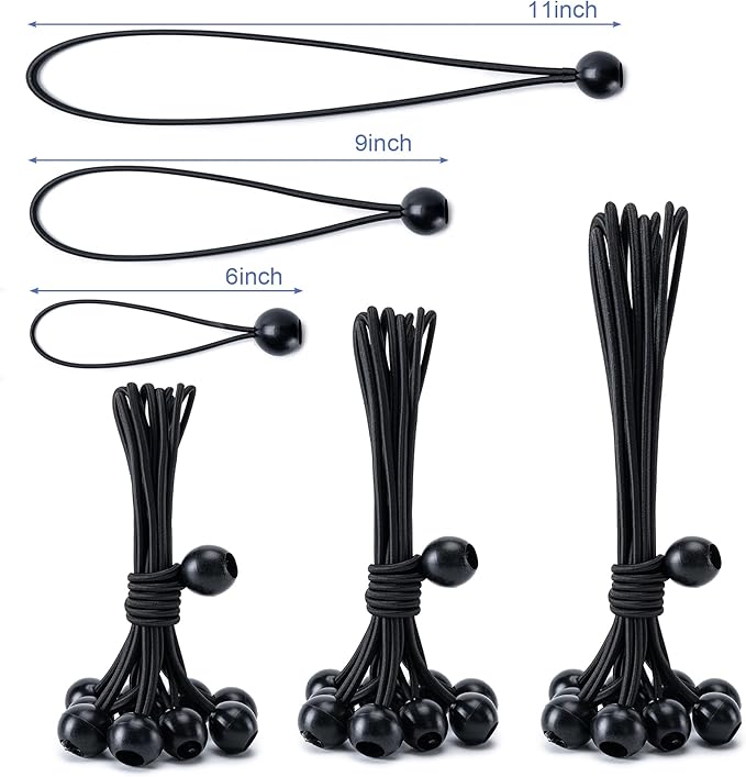 30 Pack of 3 Sizes Ball Bungee Cord, 6 ，9，11 Inch Heavy Duty Bungie Cord Balls Canopy Tarp Tie Down Bungee Balls for Camping, Tents, Cargo,Holding Wire and Hoses, Patio Umbrellas, Awning (Black)
