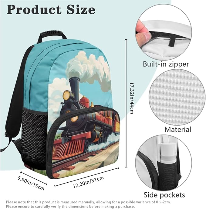 Train Backpack and Lunchbox Backpack for School Boys Lightweight Trendy Bookbag and Lunch Box Set for Boys 4pcs School Bags for Boys 10-12 Hiking Daypack Outdoor Travel