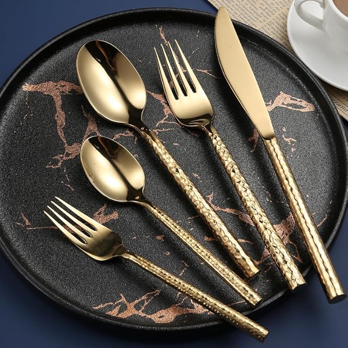 Silverware Flatware Cutlery Set， 5/20/30/40 Pieces Hammered Stainless Steel Steak Knives， Forks and Spoons，Gold-6Set-30Pcs