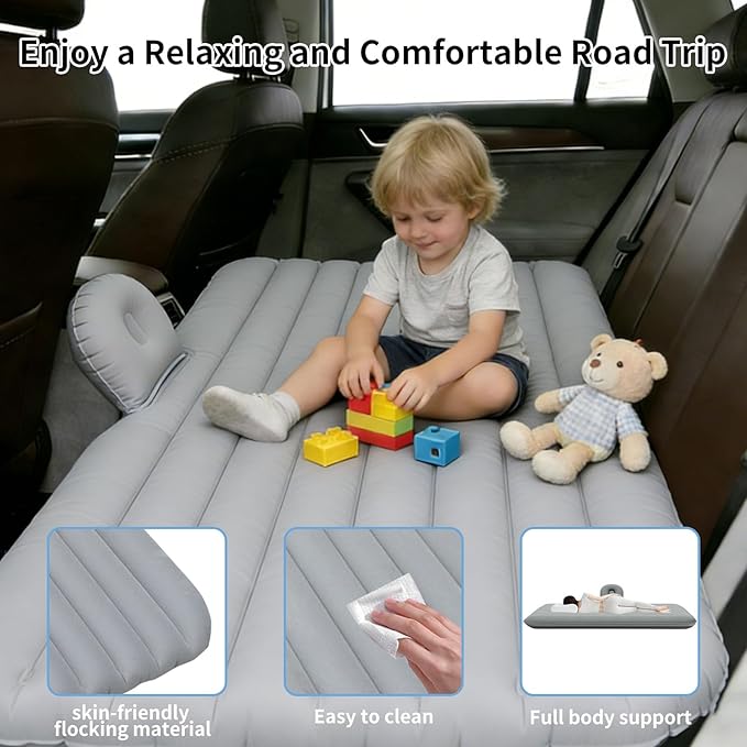 Car Air Mattress, Inflatable SUV Truck Camping Mattress for Back Seat, Thickened Travel Car Bed Sleeping Pad with Inflatable Pier Air Pump 2 Pillows (Grey)