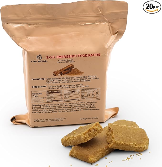 S.O.S. Rations Emergency 3600 Calorie Food Bar - 3 Day / 72 Hour Package with 5 Year Shelf Life Net wt. 1.60lbs (756g) (Cinnamon Full Case)