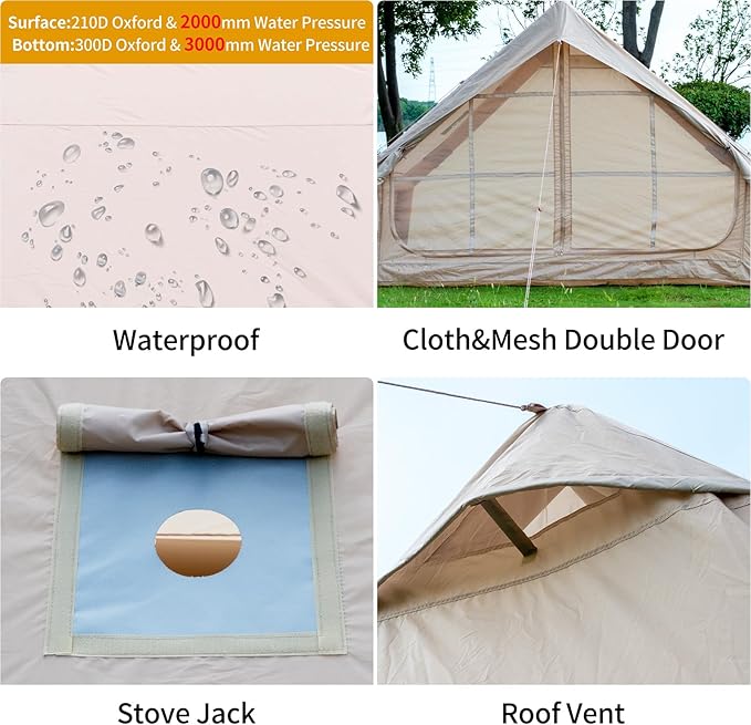 Inflatable Camping Tent with Hand Pump Waterproof Outdoor Blow up Tent 2-8 Person Oxford 4 Season Glamping Air Tent Cabin House with Mesh Windows & Door
