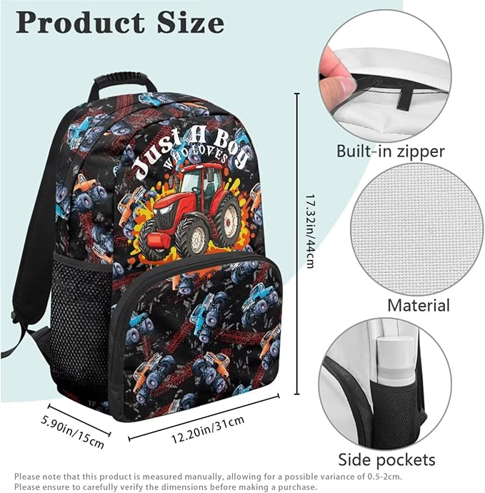 Boys Bookbag Age 8-10 6-8 Truck Backpack and Lunch Box Set Boys Kids School Backpack Elementary 17 Inch Back Pack Lightweight Travel Rucksack