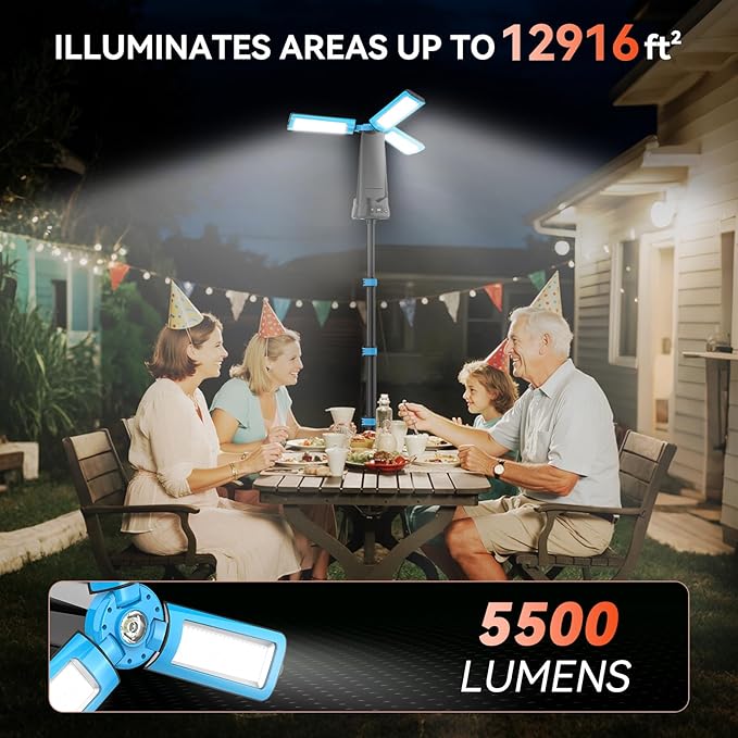 15000 mAh Rechargeable Camping Light with Stand, Cordless Work Light with 3 LED Lamp Heads, 5500 Lumens Dimmable Camping Essentials Gear Emergency Flashlight with 86" Detachable Tripod, Blue