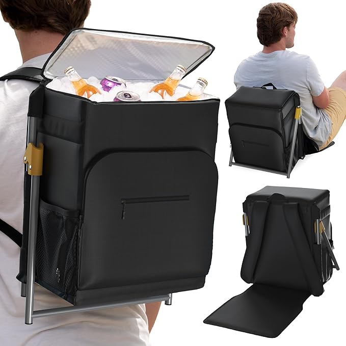 Insulated Backpack Cooler with Foldable Seat - 40 Cans, 24 Hour Cooling, Breathable Straps, Lightweight Leak Proof Liner, Portable Cooler Backpack Bag for Men Women Beach Travel Camping Picnic Hiking