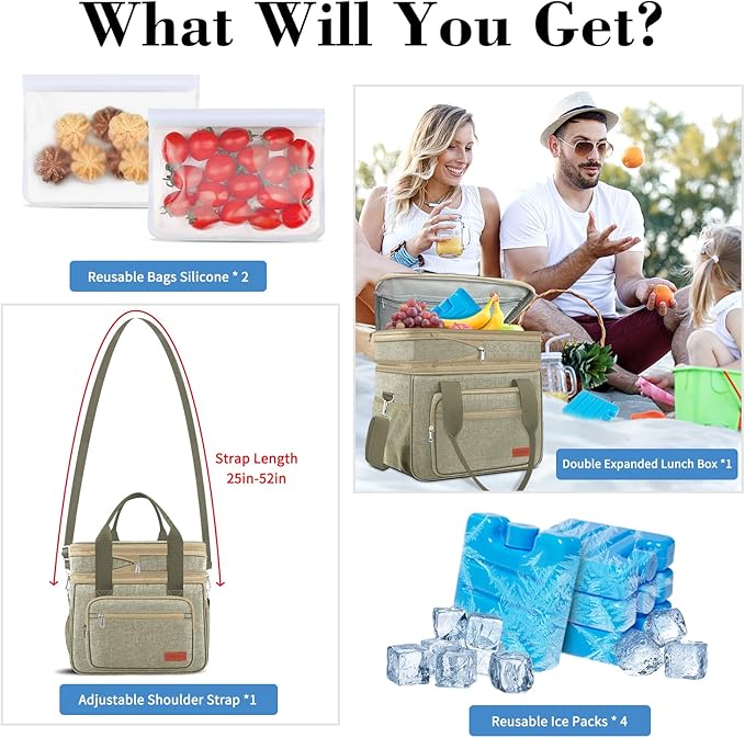Coobiiya Large Expandable Insulated Lunch Bag Cooler Bag，12-23L Lunch Box for Men Double Deck Leakproof，Heavy Duty LunchBag Cooler Bags for Camping, Travel, Kayaking & Beach