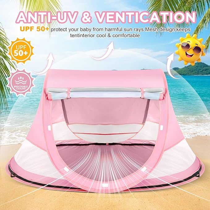 Baby Beach Tent, Pop Up Beach Tent Sun Shade for Beach, UPF 50+ UV Protection Sun Shelters for Infants with Carry Bag for Outdoor Travel, Camping(Pink)