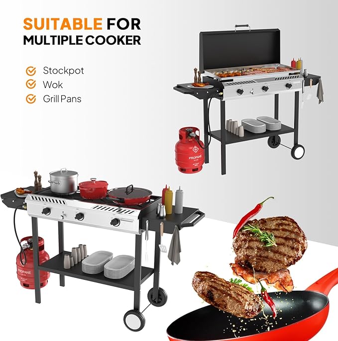 Bonnlo 2-in-1 Propane Stove and Griddle, 3 Burner Outdoor Gas Cooker with Iginition, Storage Shelf and Portable Wheels, 225000BTU Output Camping Stove for Backyard Cooking BBQ Frying and Boiling