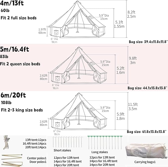 DANCHEL OUTDOOR 4 Season Canvas Yurt Tent with Large Wood Stove, Heavy Duty Bell Tent with Stove Jack 4-8 Person Winter Camping Glamping, 13ft/16.4ft/20ft
