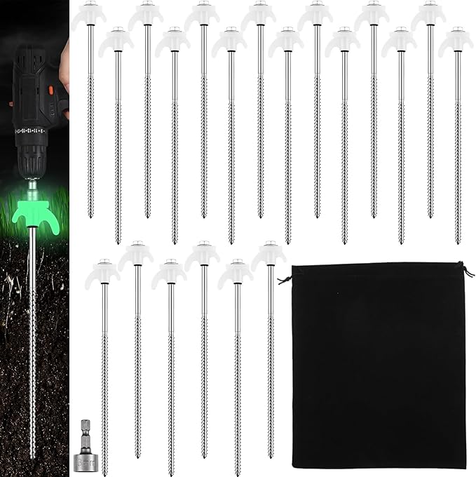 JaGely 12 Inch Tent Stakes Screw in Camping Stake Heavy Duty Metal Spikes Ground Anchor Peg Threaded Spikes with Hex Head Driver for Camping Garden Inflatable Outdoor Decor(Luminous White, 40 Pcs)