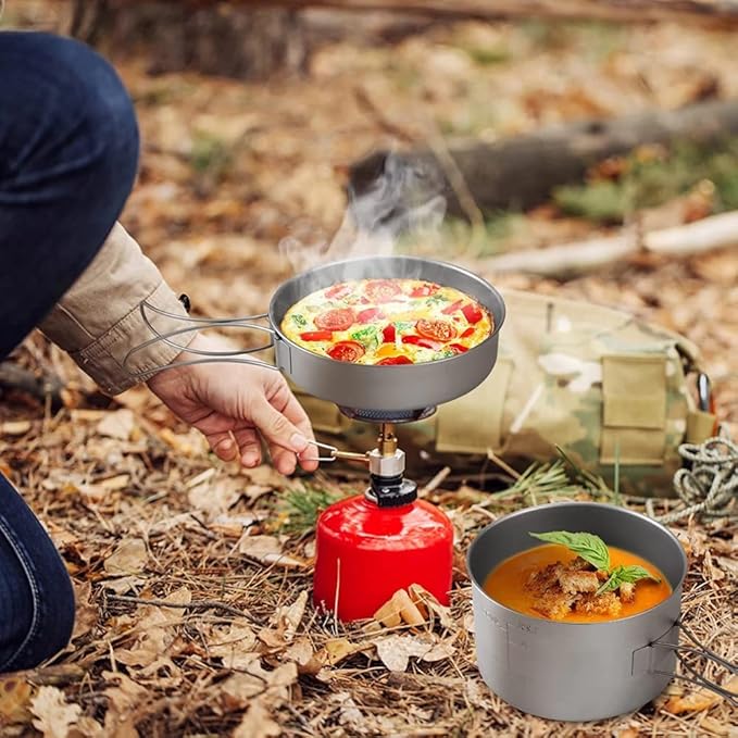 Titanium Bowls Camping Cookware Set Camping Pot Outdoor Pan Outdoor Cooking Tableware with Foldable Handles Mesh Sack,