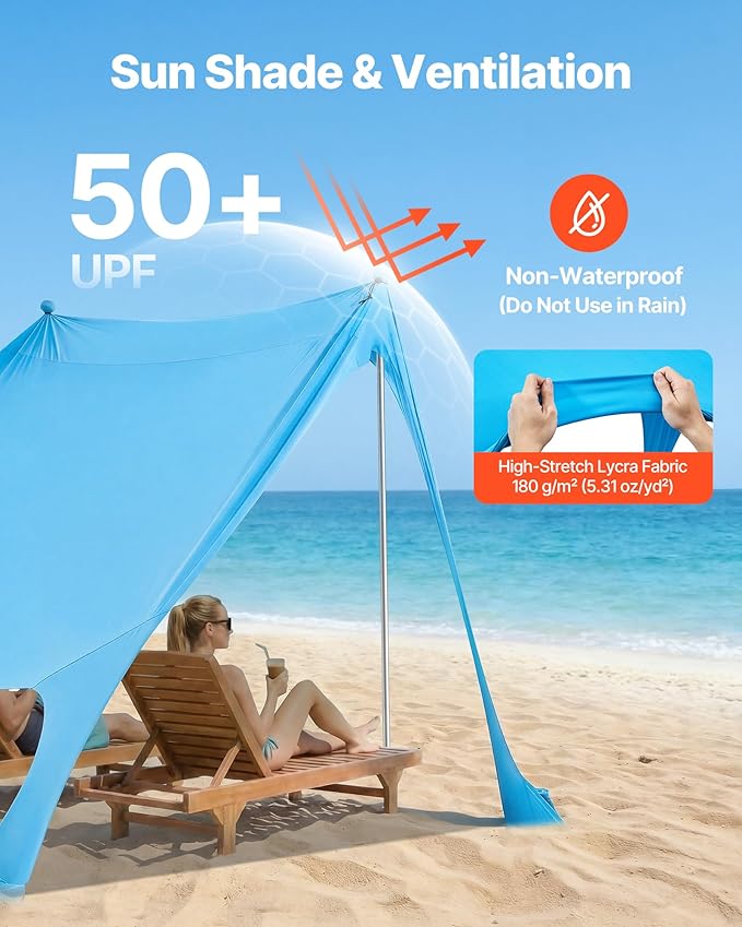 VEVOR Beach Tent Sun Shelter, UPF50+ Sun Protection, 6.6 ft Tall, 7.5x7.5 ft, Easy Pop Up Beach Canopy with Sandbags, Stability Poles, Sand Shovels, Portable Shade for Family Outings, Camping, Fishing