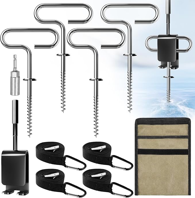 Ice Anchor Tool Kit, Ice Anchor Drill Adapter with Ice Fishing Shelter Stake Screws with Storage Bag, Universal Anchors Accessories for Outdoor Camping Tent or Ice Fishing Shanty Shelter Tent