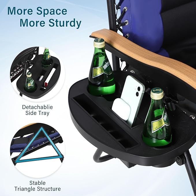 MFSTUDIO Zero Gravity Chairs, Oversized Patio Recliner Chair, Padded Folding Lawn Chair with Cup Holder Tray, Support 400lbs, Navy Blue
