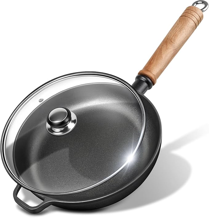 9.7" Cast Iron Skillet with Lid & Removable Wooden Handle, Pre-Seasoned Frying Pan for Stove, Oven, Grill & Campfire Cooking