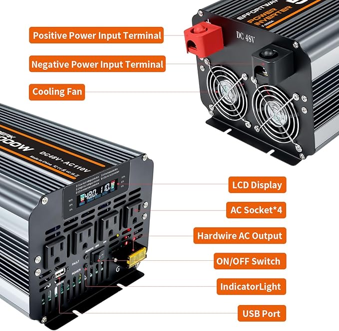 Power Inverter DC 48V to AC 110V/120V Converter with LCD Display, Wireless Controller, Cable Pair,AC outlets USB.RV Travel,Suitable for Camping,and Off-Grid Solar Systems (5000w -48v)