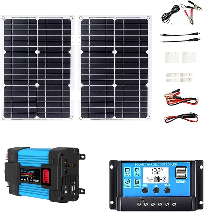 36W Foldable Solar Panel with USB, 6000W Car Power Inverter Kit, DC12V-AC110V/220V, Complete Solar Power System for Camping, Outdoor, Emergency Charging