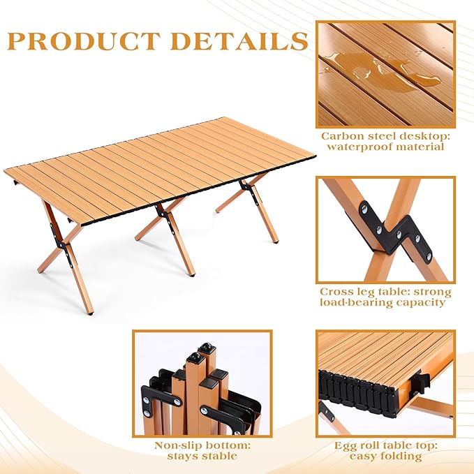 Suzile 2 Pack Foldable Camping Table 4ft Portable Lightweight Picnic Table Collapsible Roll up Metal Camp with Carry Bag for Camping, Picnic, Patio, Outdoor Party(Yellow Wood Color)