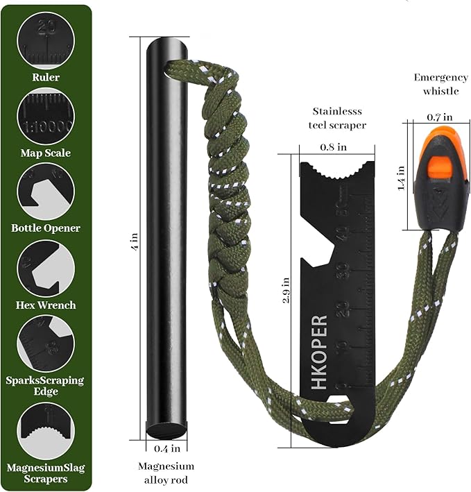 Fire Starter Ferro Rod, 4 Inch Flint and Steel Survival Kit, Flint Fire Starter for Camping and Hiking, 6-in-1 Emergency Survival Fire Steel, Magnesium Fire Starter | Hkoper