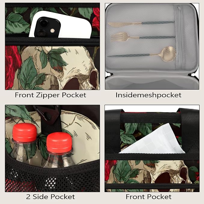 Gothic Skull Rose Flower Soft Cooler Bag Insulated Lunch Box for Men & Women, Large Leakproof Lunch Bag Portable Beach Cooler for Work, Picnic, Road Trips,Fishing, Travel, Camping,A-8