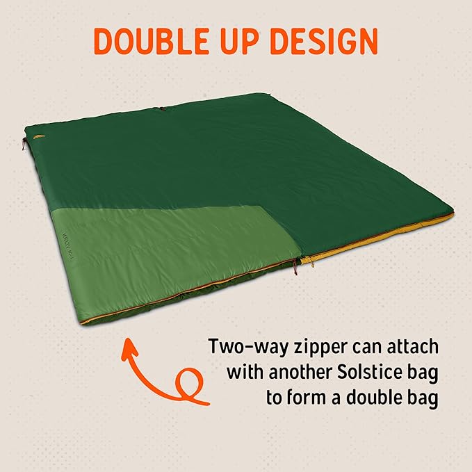 Kelty Solstice 20 Oversized Camping Sleeping Bag, Spacious Rectangular Shape, Zip Together for 2P, Anti-Snag Zips, Internal Pocket