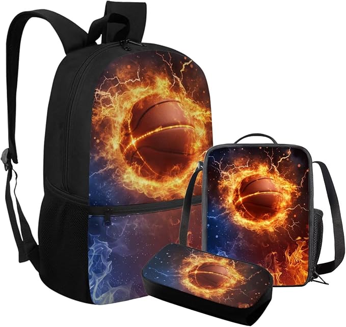 Rnyleeg Fire Basketball Backpack for Boys with Lunch Box Cool Boys Bookbag Age 8-10 Portable School Bag Set 3 Pack for Primary Students Casual Sackpack
