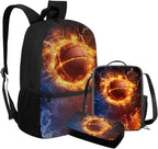 Rnyleeg Fire Basketball Backpack for Boys with Lunch Box Cool Boys Bookbag Age 8-10 Portable School Bag Set 3 Pack for Primary Students Casual Sackpack
