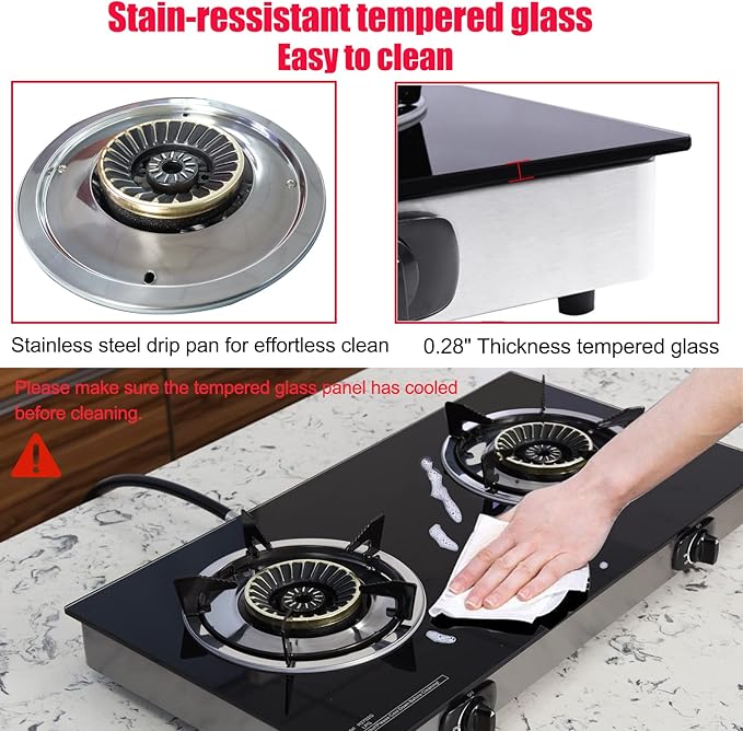 Hothit Portable 2 Burner Propane Stove Gas Cooktop, 28600 BTU Tempered Glass Auto Ignition for Outdoor Kitchen, Camping, RV, Small Apartment