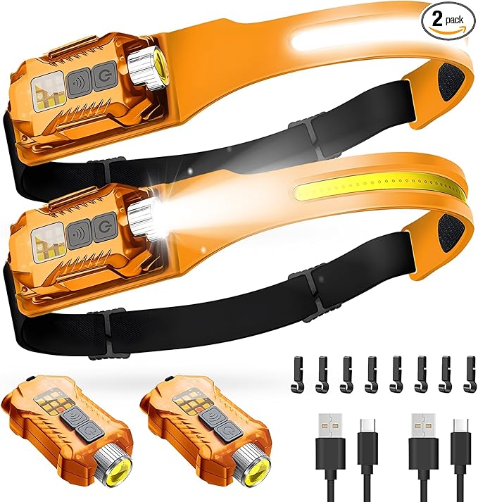 Victoper Rechargeable Headlamp 2Pack, Detachable 230° Wide Beam LED 2in1 Head Lamp with Motion Sensor, Hard Hat Head Light for Adults, 9 Modes Flashlight for Running Hunting Camping Essentials Gear