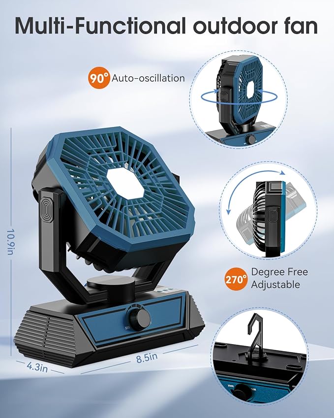 Portable Camping Fan with 20000mAh Rechargeable Battery, USB-C Battery Powered Fan for Indoor Outdoor Use, Ultra Quiet Battery Operated fan for Travel, Tent, Beach, Picnic, BBQ, Desk, Home