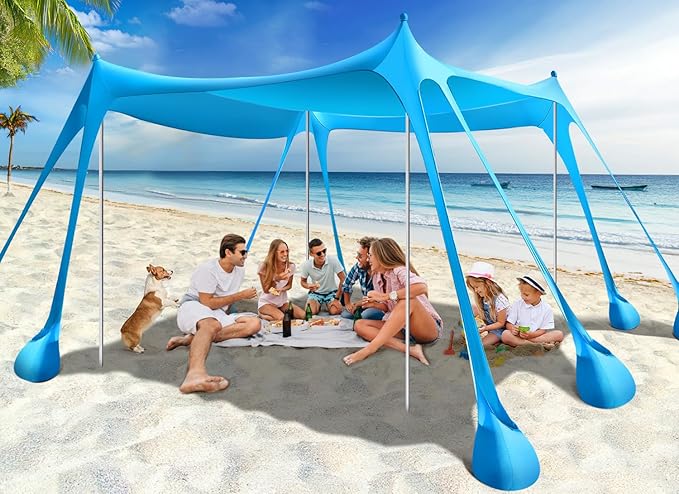 Rhino Valley Beach Tent Shade Canopy UPF50+ Protection, 8 Sandbags, 4 Stability Poles, Outdoor Sun Shelter Umbrella for Sand, Camping, Fishing Essentials