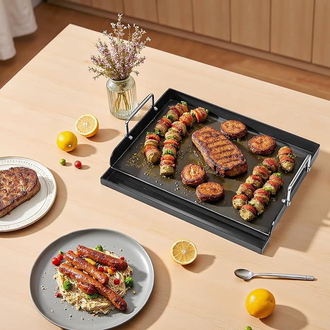 17" x 13" Nonstick Coating Cooking Griddle for Gas Grill, Universal Flat Top Plate Insert with Grease Groove and Removable Handles for Weber Charbroil Camp Chef/Gas Stove/Electric Flat Griddle