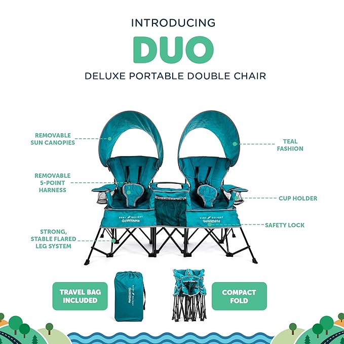Baby Delight Go with Me Duo Deluxe Portable Chair | for Kids | Double Seat | Indoor and Outdoor | Teal