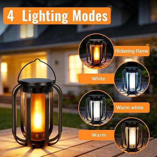 2 Pack Solar Lantern Lights Outdoor Waterproof Flickering Flame Light, Solar Lights with Dual Charging (USB/Solar) & 4 Modes Hanging Camping Light for Yard Patio Path Tree Porch Garden Decoration
