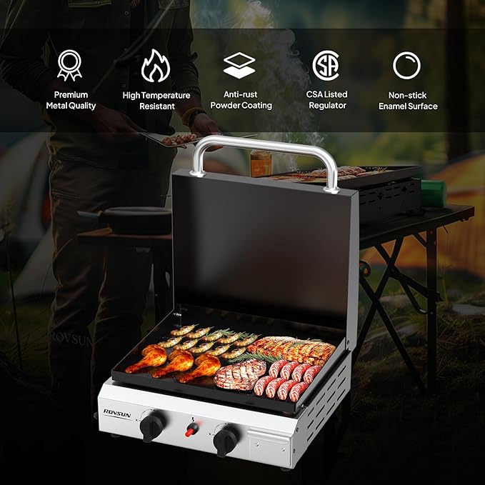 ROVSUN 2 Burner Portable Propane Griddle with Electronic Ignition & Regulator, 20,000 BTU Tabletop Flat Top Gas Grill with Enameled Tray & Lid for Outdoor Cooking Camping BBQ Tailgating Picnicking