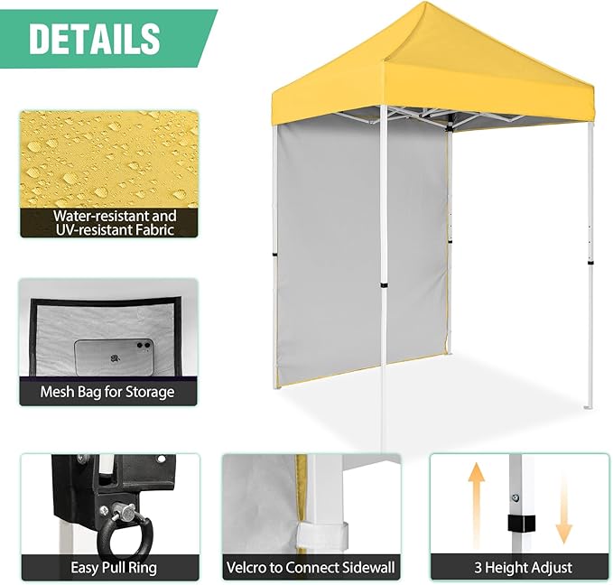 5x5 Pop Up Canopy Tent with One Sidewall, Instant Portable Beach Canopy, Outdoor Tent with Carry Bag for Camping, Sports, Tailgating, Events, Yellow