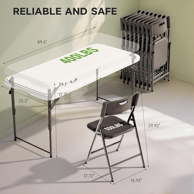 4FT Folding Table Set with 4 Chairs – Heavy-Duty 400 lb Table & 330 lb Chairs, Dual-Height Adjustment, Portable Folding Furniture Set for Camping, Parties, Indoor & Outdoor Use