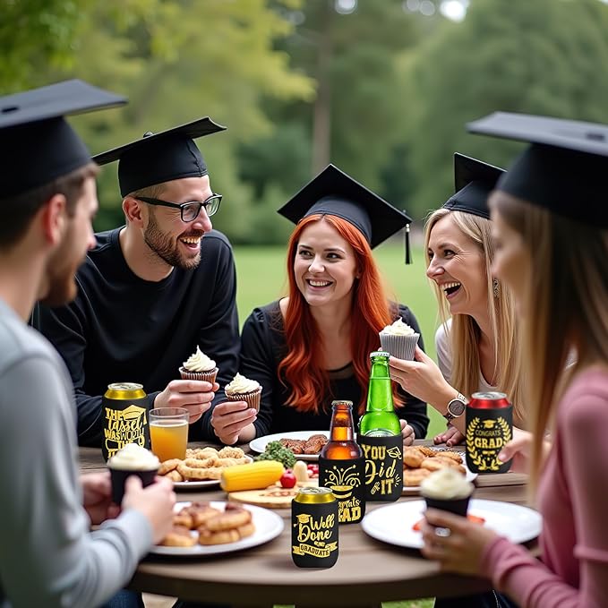 Graduation Can Cooler Sleeves, 18 Pack Black Gold Class of 2026 Neoprene Can Cover 9 Styles of Congrats Grad 12 OZ Drink Beer Soda Beverage for Graduation Party Supplies Gifts