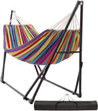Hammock with Foldable Steel Stand,Frabic Tension Adjustable Indoor,Carrying Bag Included, 616 lbs Weight Capacity, Portable Suitable for Outside Garden Yard Outdoor Inhouse Multicolour