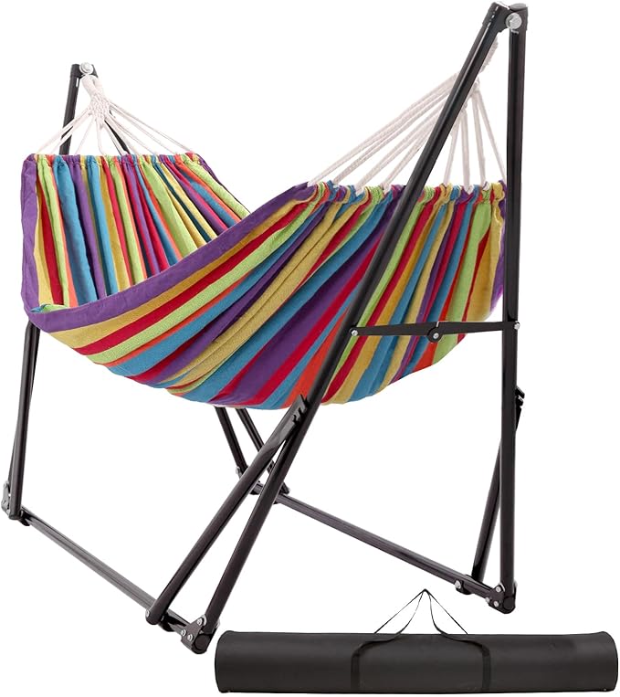 Hammock with Foldable Steel Stand,Frabic Tension Adjustable Indoor,Carrying Bag Included, 616 lbs Weight Capacity, Portable Suitable for Outside Garden Yard Outdoor Inhouse Multicolour