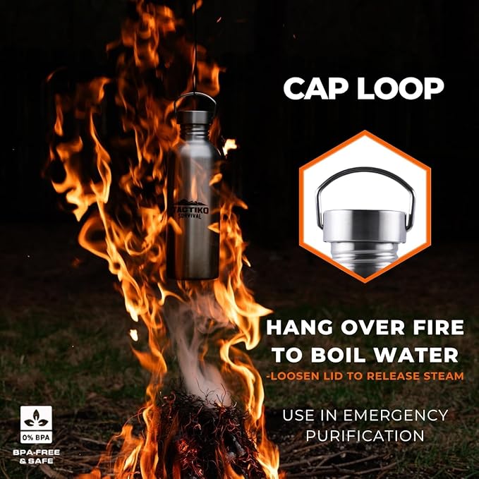 Tactiko Survival 34 oz/1000 ml Stainless Steel Wide Mouth Water Bottle, Single Wall Boil-Safe, Leakproof, BPA-Free with Carry Sleeve and Strap for Camping, Hiking, Outdoor Prep (Camo)